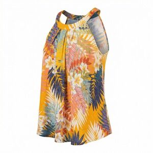 Cable & Gauge Tropical Floral Halter Top Mustard Yellow Navy Pink Size M